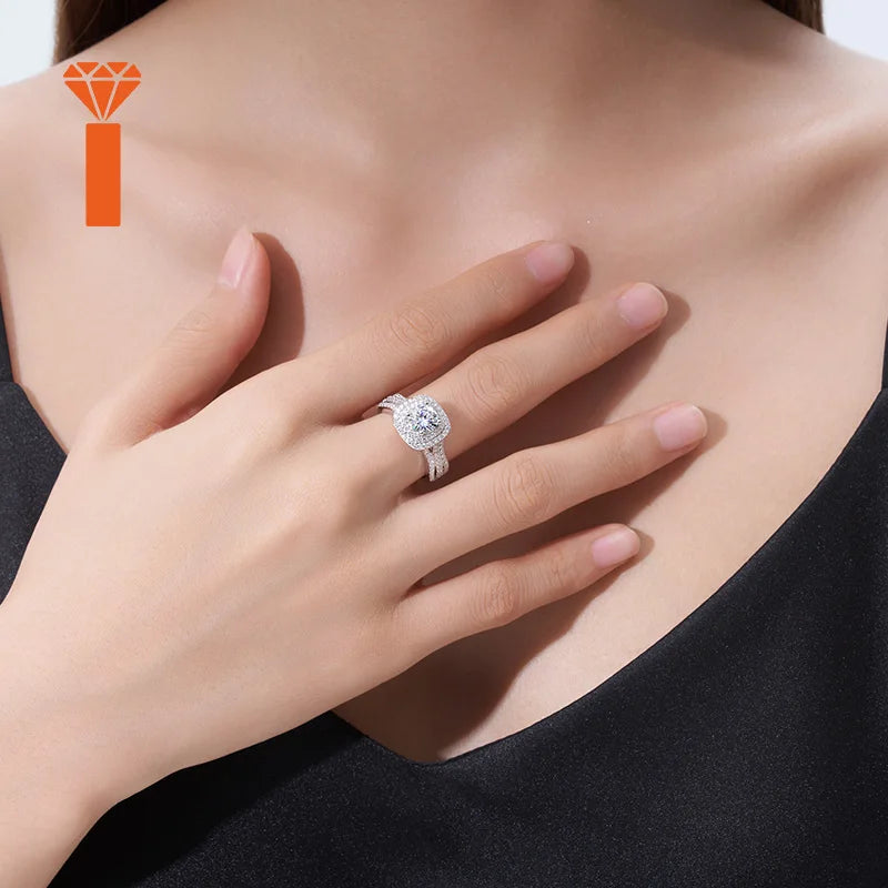 HOT SALE Nice Jewelry S925 Cushion-Shaped Double Halo Moissanite Engagement Ring, S925 Sterling Silver Split-Shank Wedding Ring