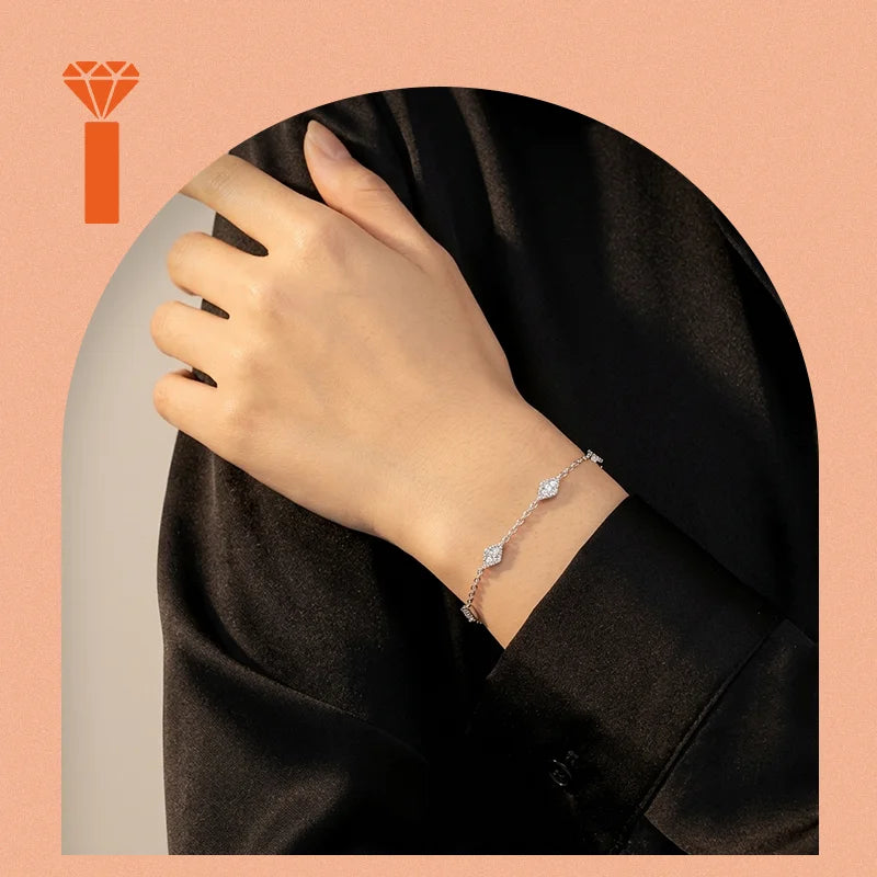 Four Rhombus Pave Set Moissanite Chain Bracelet S925 Sterling Silver Minimalist Dainty Elegant Geometric Fine Jewelry Bracelets