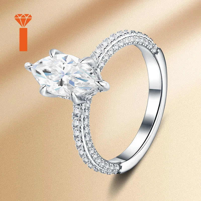 Sleek Contemporary Statement Rings D Color VVS1 Solitaire Design,  Marquise-Cut Moissanite Ring with Pave-Set Band