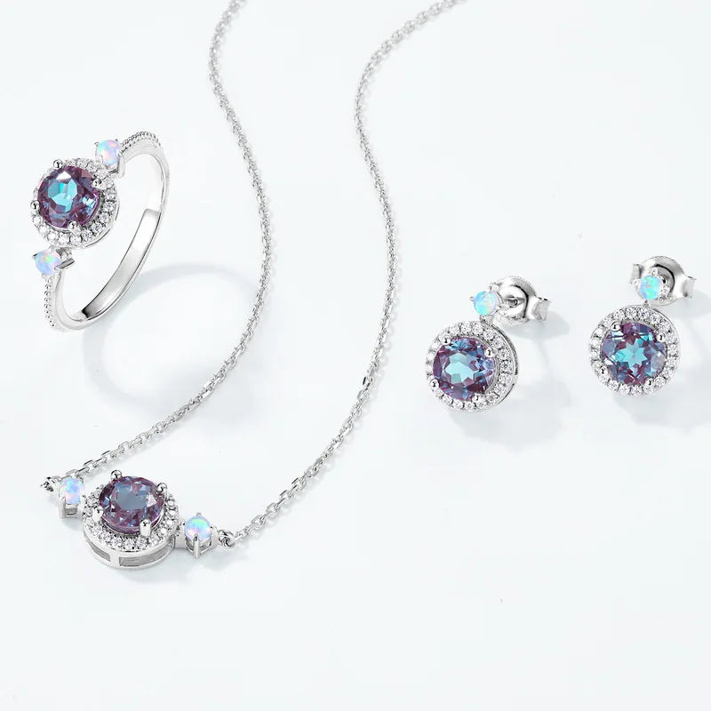 Alexandrite Gemstone Ring in 925 Sterling Silver with Round-Cut CZ Accents
