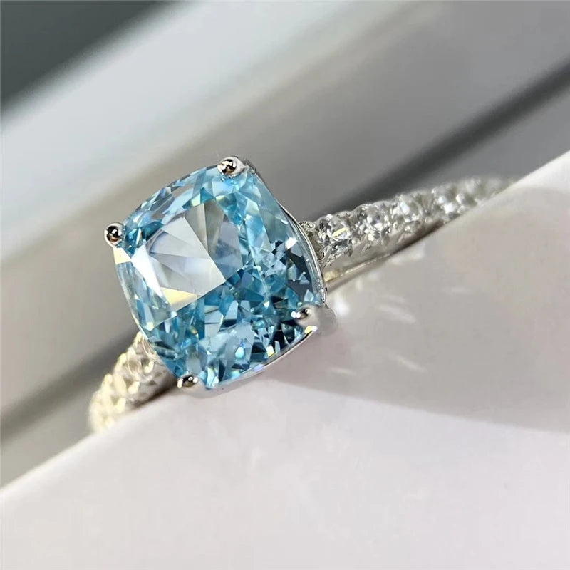 Aquamarine Ring S925 Sterling Silver 18K Gold-Plated High Carbon Diamond Topgemco Wedding Ring for Women