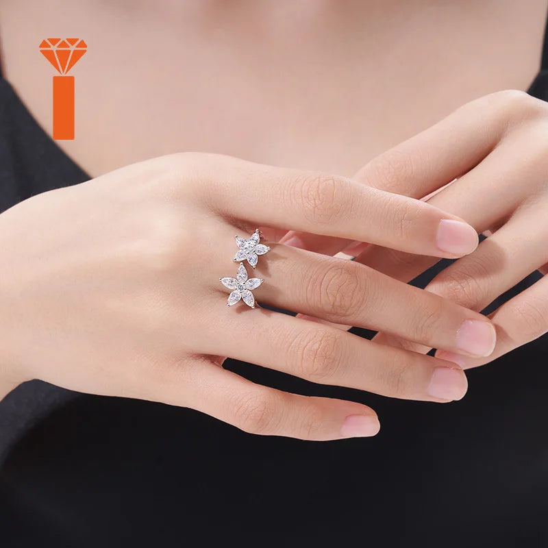 Bulk Order 2026 in Stock Bypass Dual-Flower Moissanite Ring, D Color VVS1 Pear-Cut Design, Delicate Romantic Statement Rings