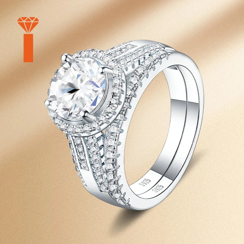 Timeless Halo Double-Shank Moissanite Ring Set Premium 925 Silver Bridal Stackable Engagement Wedding Versatile Anniversary Band