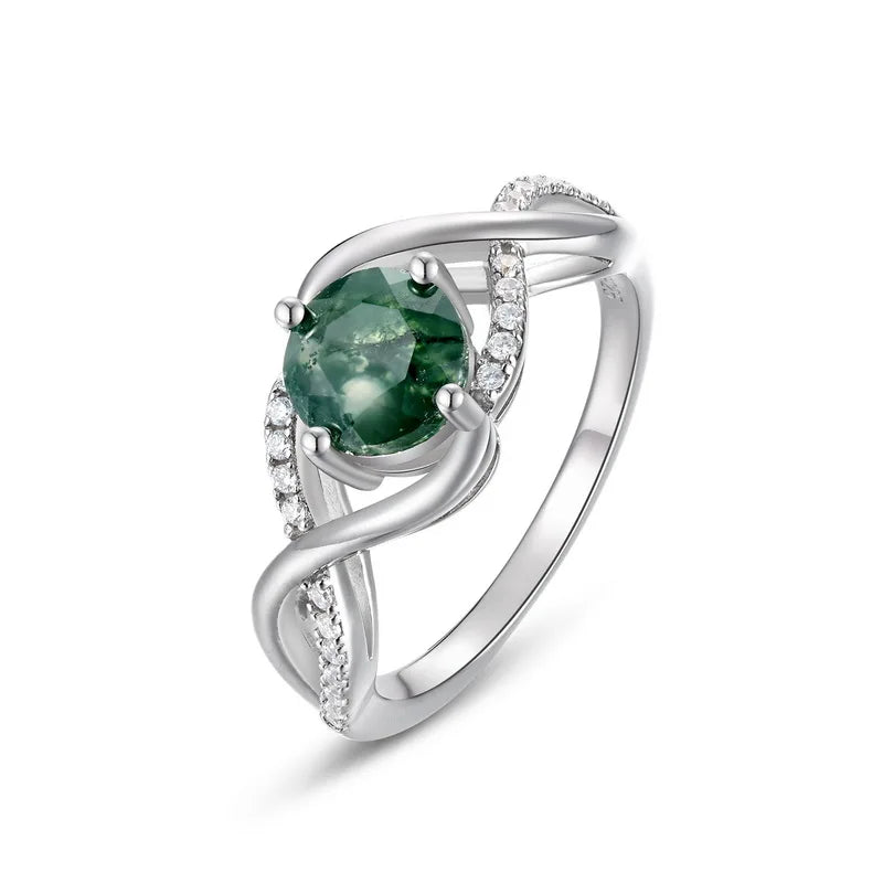 Classic Green Moss Agate Ring in Sterling Silver, Natural Gemstone Jewelry
