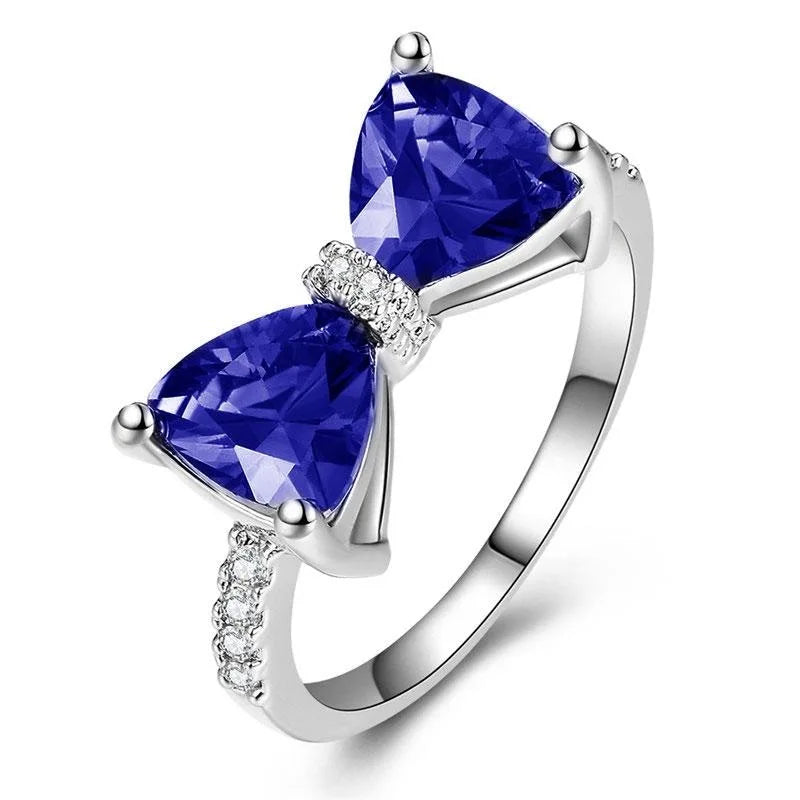 Sapphire-Blue Bow Cubic Zirconia Ring – Brass Fashion Jewelry