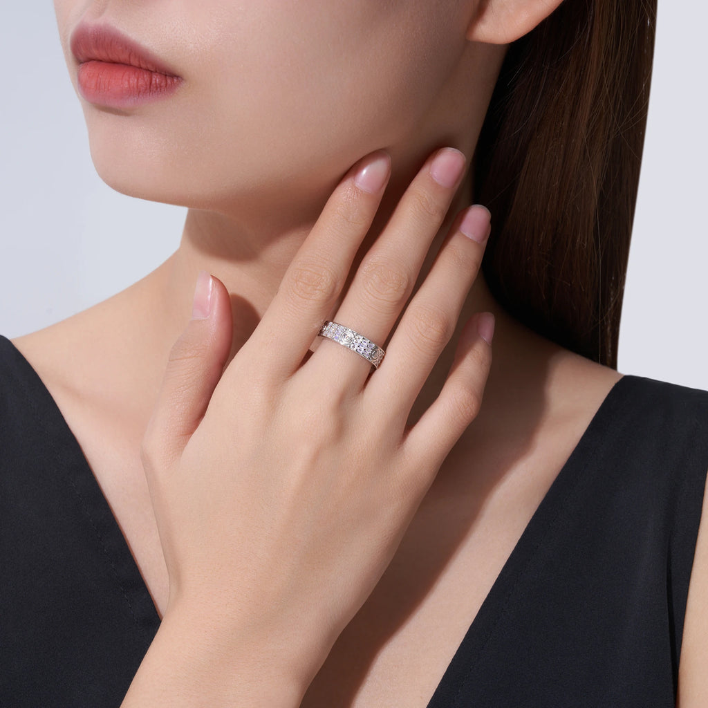 Multi-Row Round Iced-Out S925 Pure Silver Moissanite Band Rotatable Hip Hop Statement Ring for Daily Luxury Band Wedding Ring