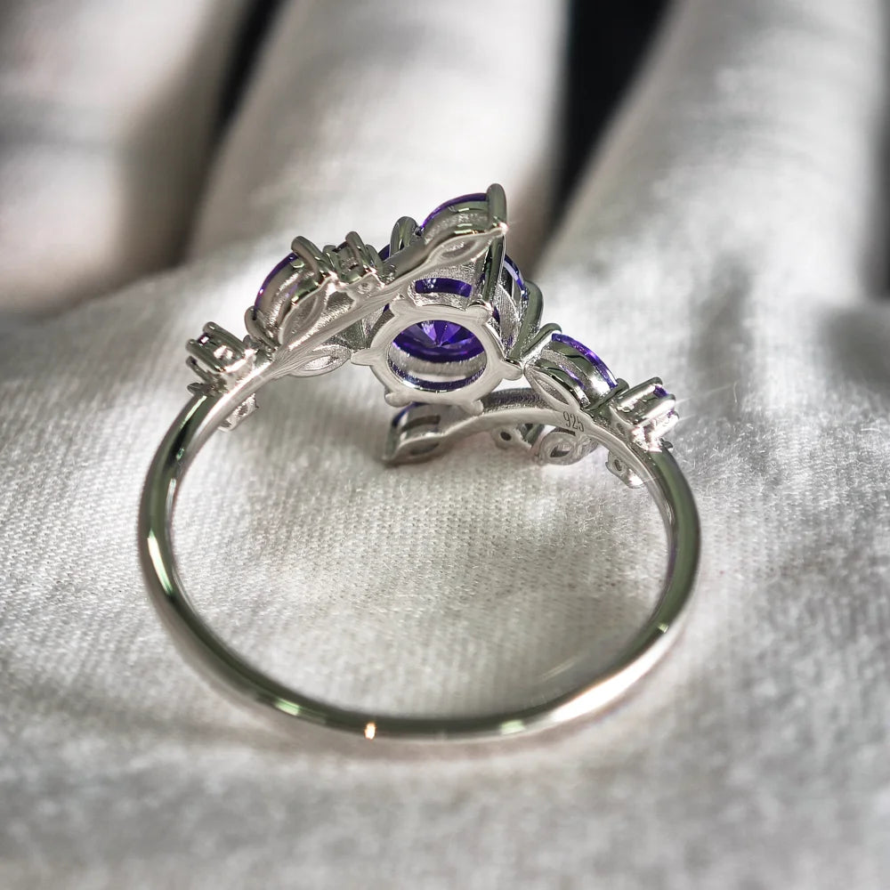Marquise Amethyst Ring, Leaf Design in 925 Silver