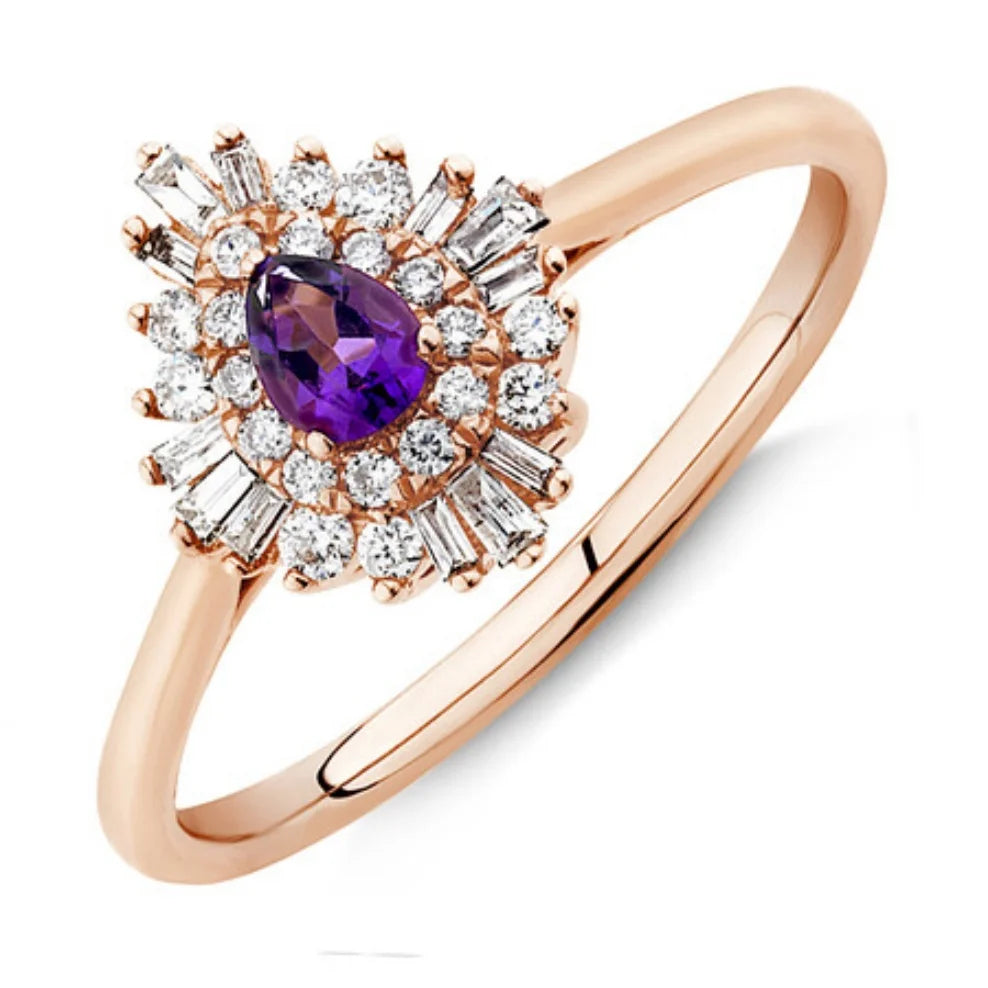 Baguette & Oval Cut Amethyst Ring, Rhodium-Plated Gold Finish