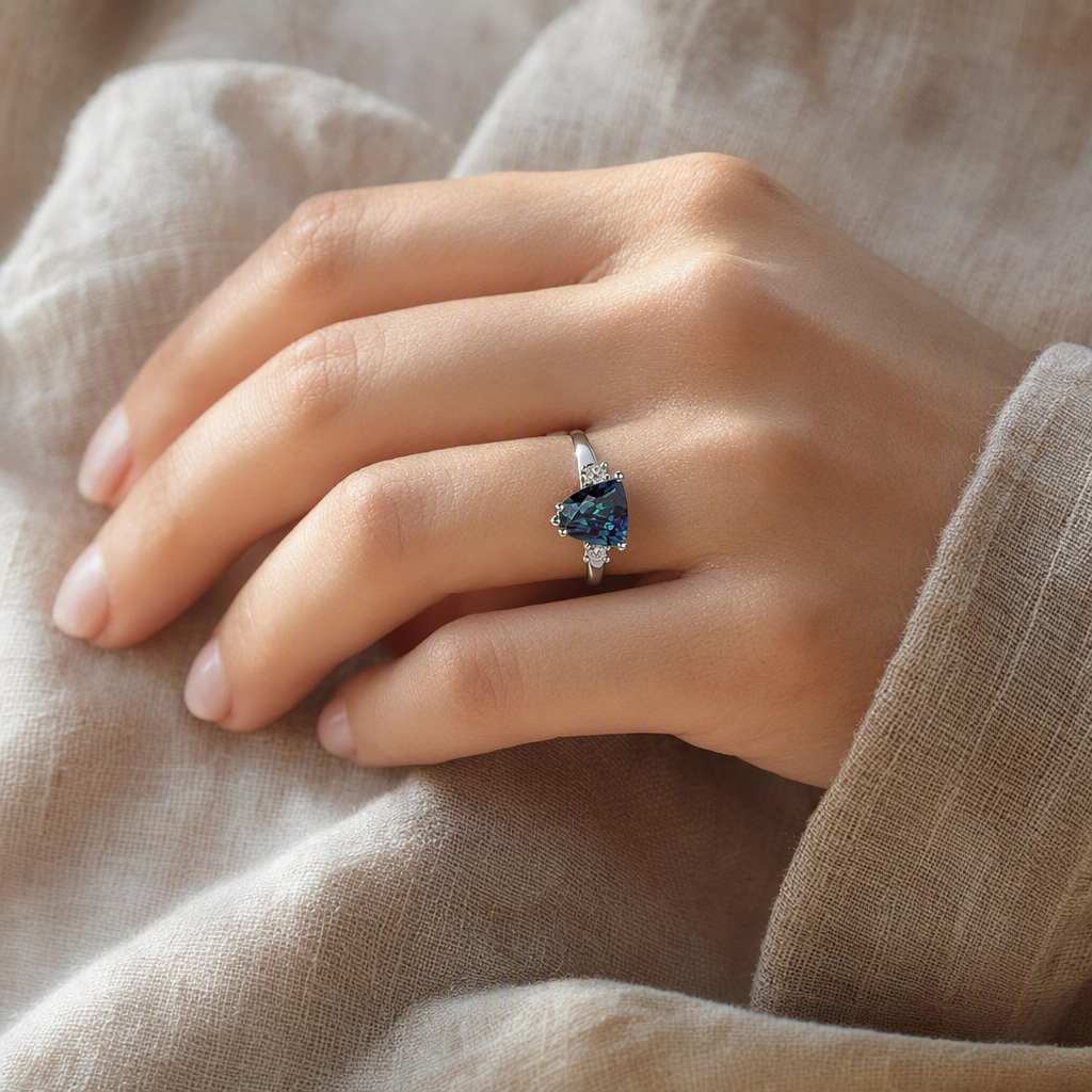 2CT Trillion-Cut Alexandrite & Oval Diamond Ring lifestyle photo