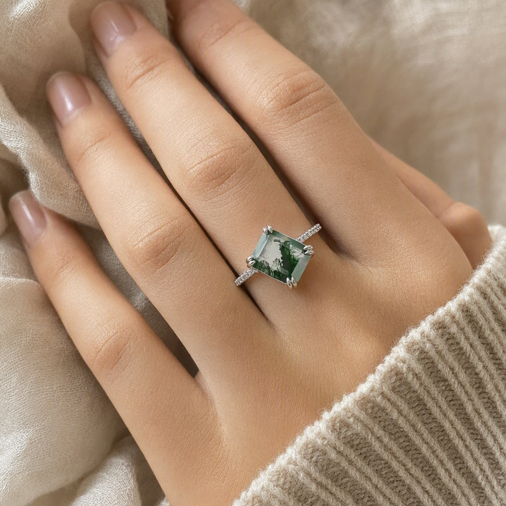 Emerald-Cut Moss Agate Bridal Ring lifestyle photo